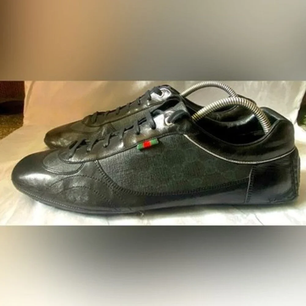 Gucci GG Monogram Signature Men Black Leather Low Top Sneakers US 10.5